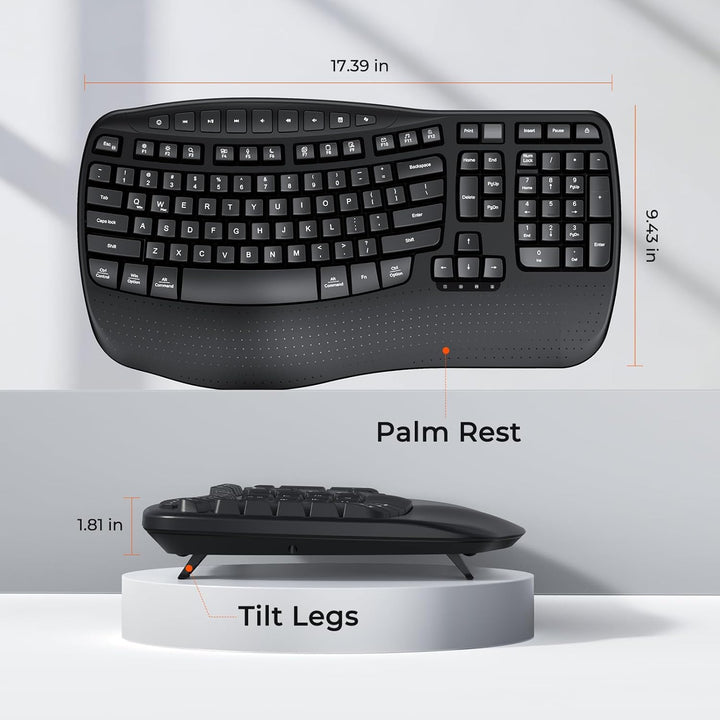 MEETION Teclado ergonómico inalámbrico, teclas onduladas, reposamuñ...