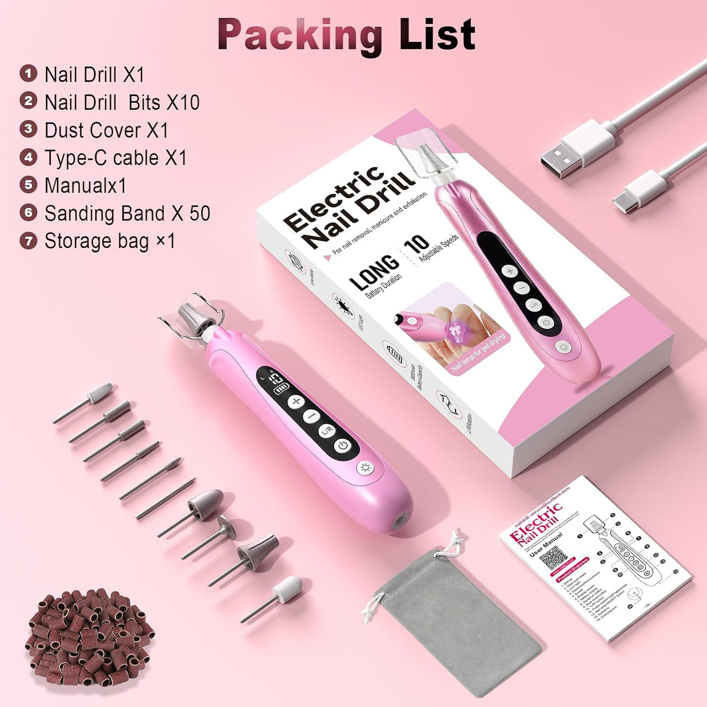 Kit de taladro de uñas profesional, lima de uñas eléctrica con luz...