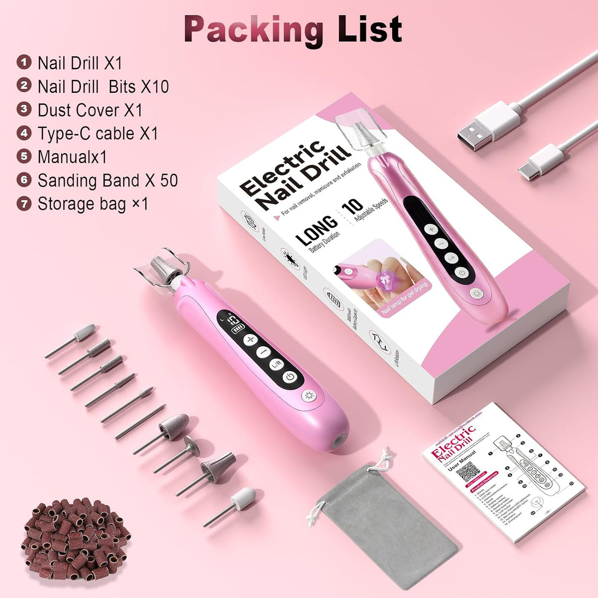 Kit de taladro de uñas profesional, lima de uñas eléctrica con luz...