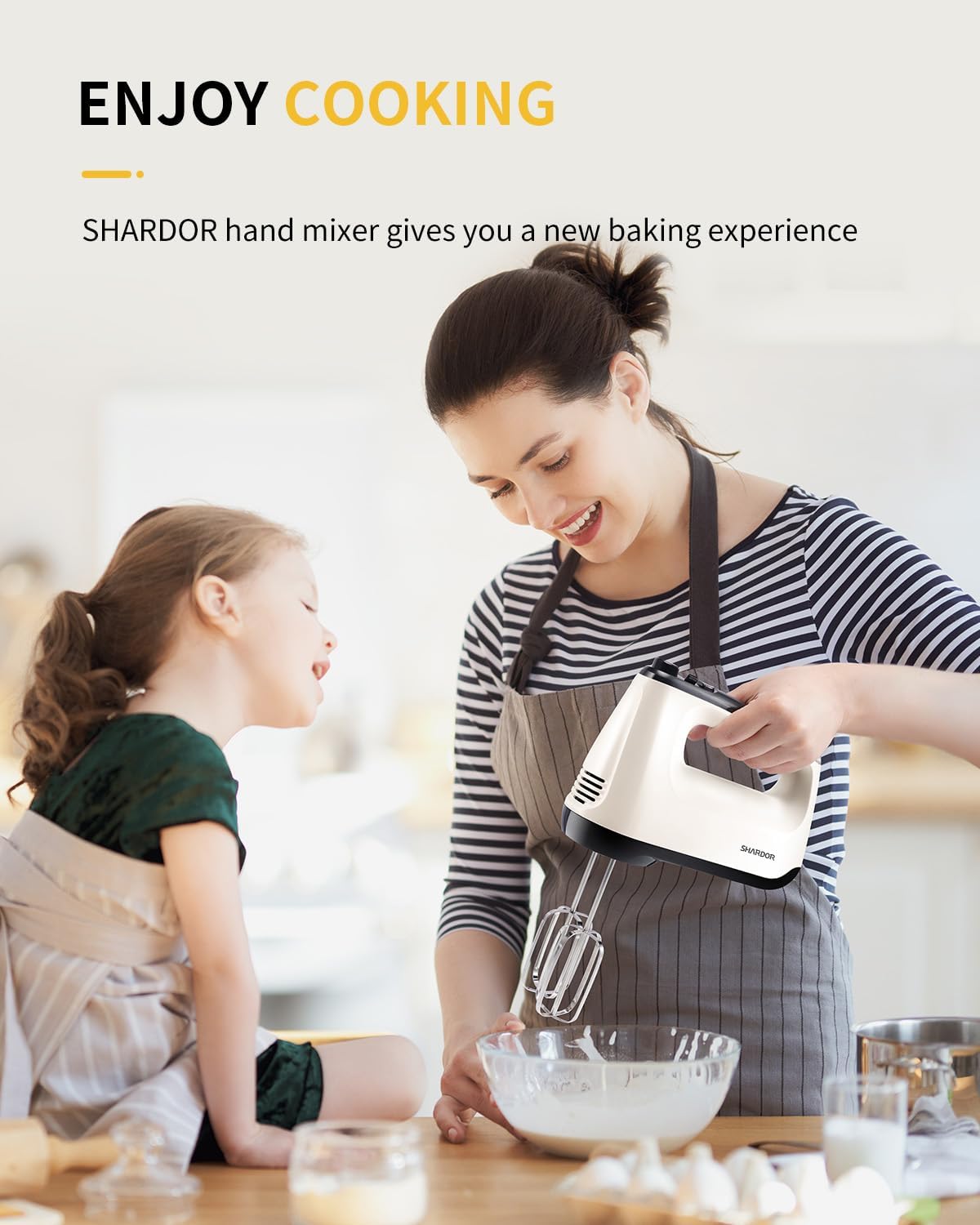 SHARDOR Batidora de mano eléctrica, 6 velocidades y turbo, mezclador eléctrico de mano, estuche de almacenamiento a presión, 5 accesorios de acero inoxidable para batir, mezclar galletas, brownie