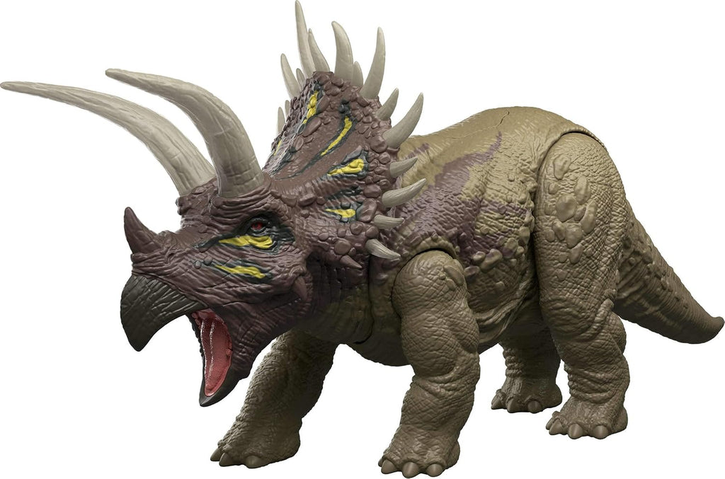Mattel Jurassic World Wild Roar Triceratops - Figura de acción de dinosaurio, sonidos de rugido, ataque y luces, código de escaneo para juego digital
