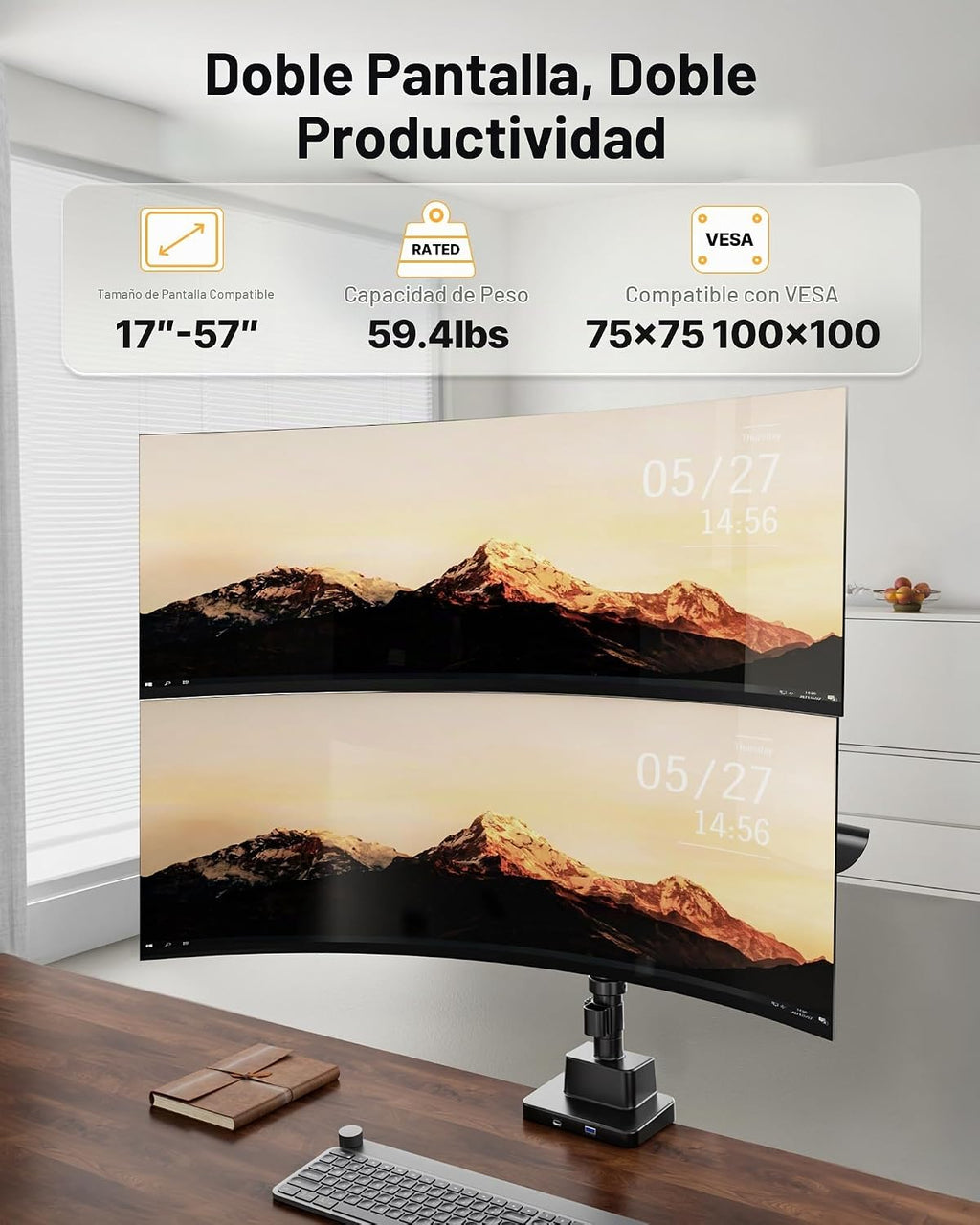 monTEK Brazo Dual Ultrawide para Monitores de 17-57" Pantallas, USB, Negro