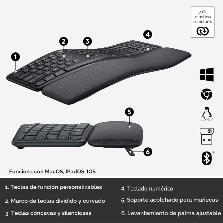 Logitech Ergo K860 Teclado ergonómico inalámbrico - Teclado dividid...