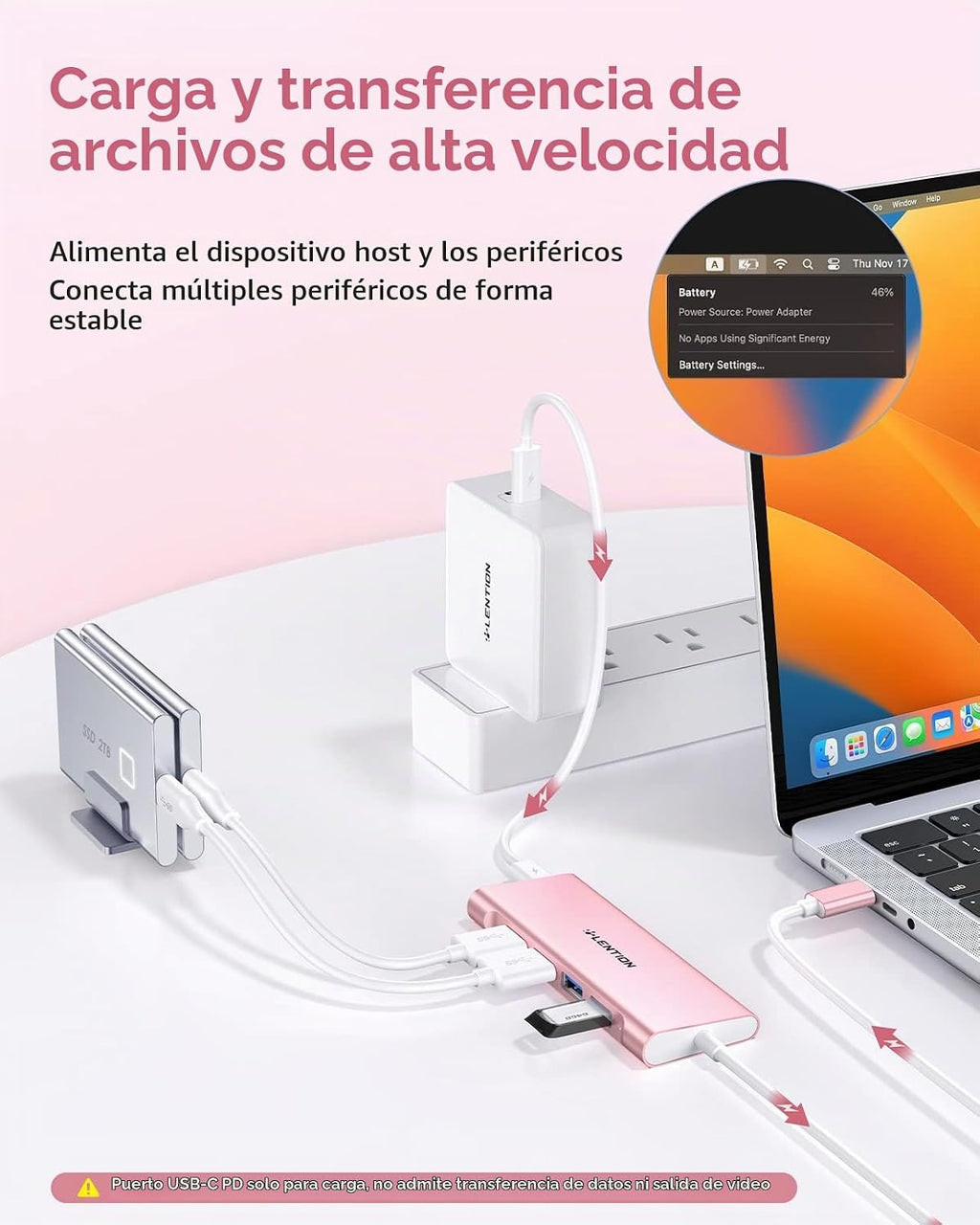 LENTION, CB-TP-C35H-1M-ROG-US-1, hub USB de 4 puertos