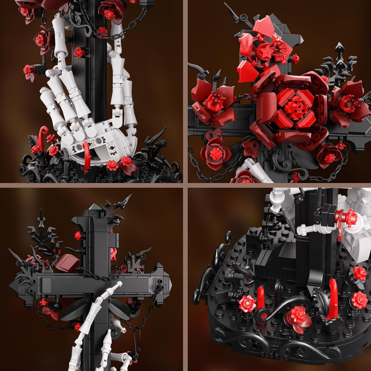 DRZYJ Juego de construcción de cruz de rosas góticas para adultos, 598 piezas de bloques de ramo de rosas rojas oscuras con mano de esqueleto, decoración de escritorio de Halloween, regalo gótico