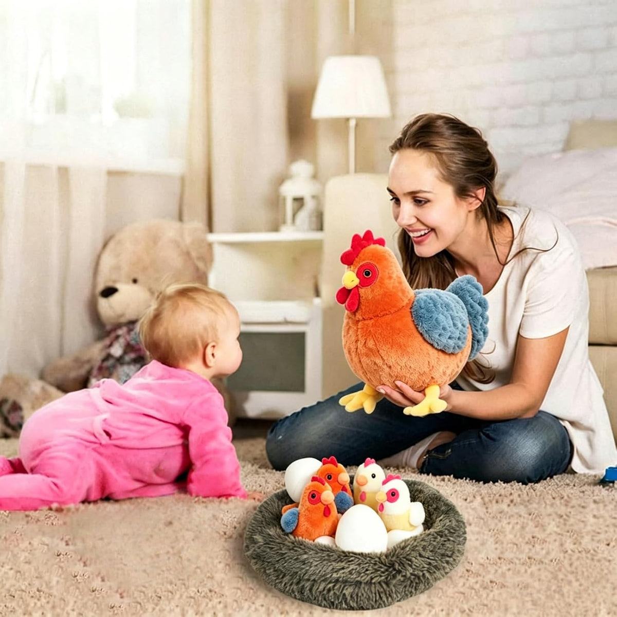 Juego de animales de peluche de pollo 9 en 1, lindo juguete de peluche de gallina ponedora de huevos con cremallera y pollitos de juguete, pollos, huevos y gallinero, juguetes para niños y niñas, regalos de peluche de cumpleaños y Navidad