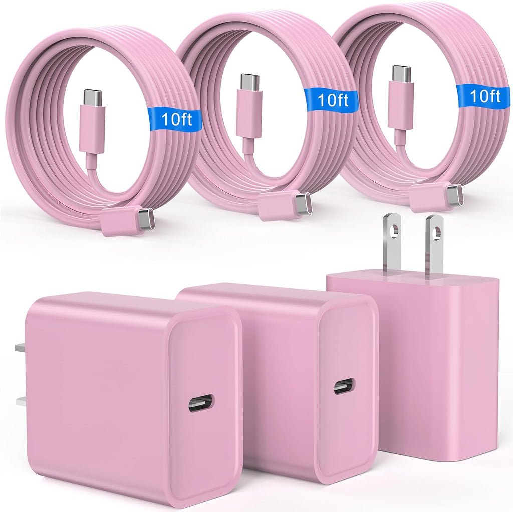 Cargador de carga rápida para iPhone 16 y 15, paquete de 3 cargadores USB C PD de 20 W con cable de 10 pies, cable USB C tipo C para iPhone 16/16 Plus/16 Pro/16 Pro Max/15/15 Pro/15 Pro Max (rosa)