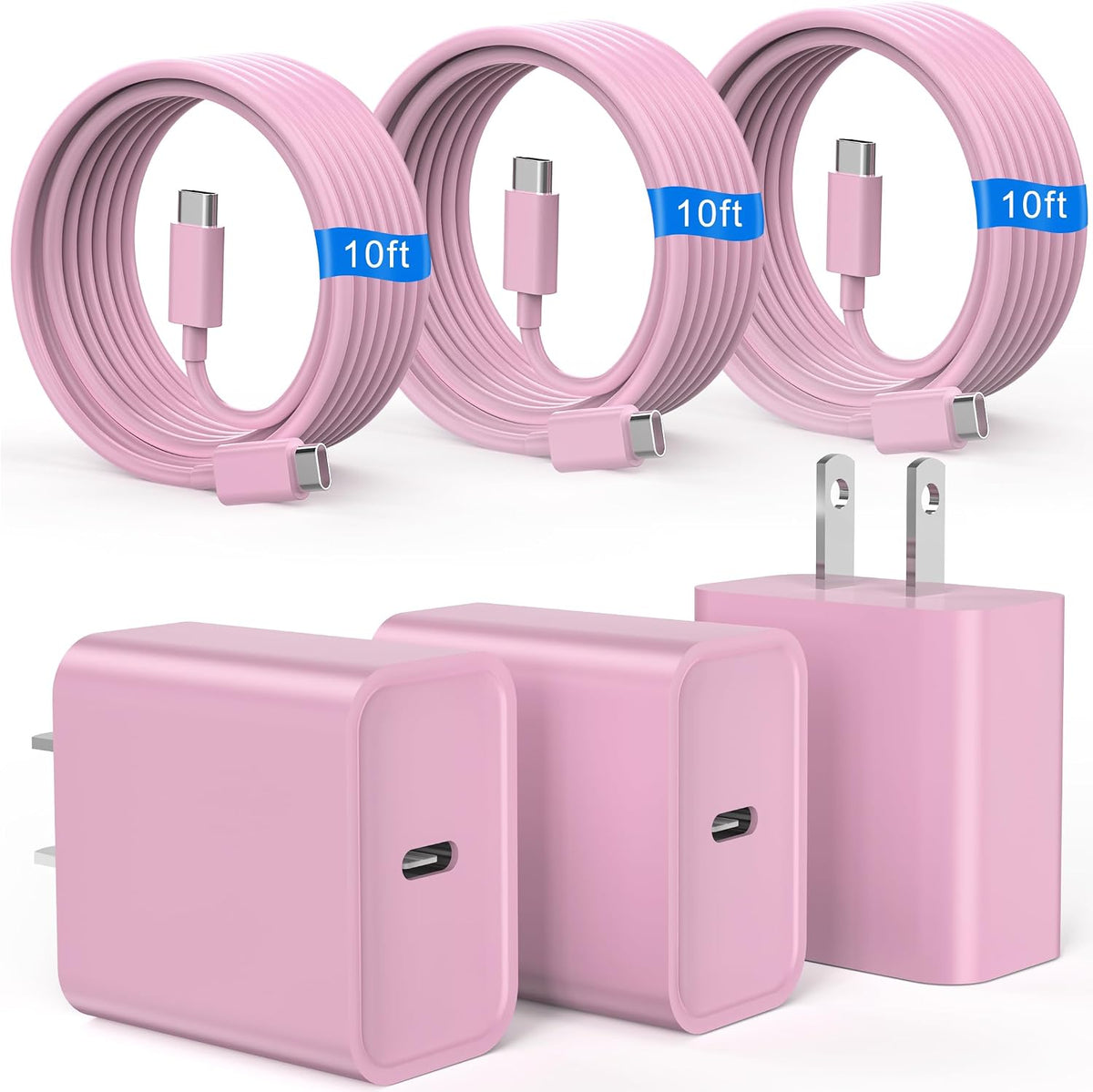 Cargador de carga rápida para iPhone 16 y 15, paquete de 3 cargadores USB C PD de 20 W con cable de 10 pies, cable USB C tipo C para iPhone 16/16 Plus/16 Pro/16 Pro Max/15/15 Pro/15 Pro Max (rosa)