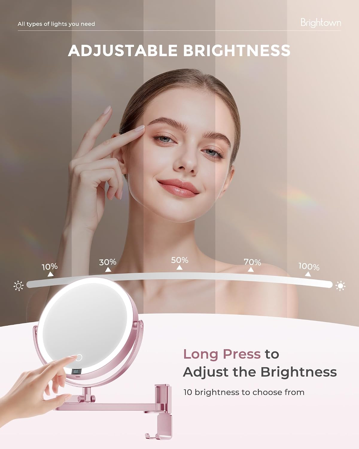Espejo de maquillaje iluminado montado en la pared de 8 pulgadas, espejo de