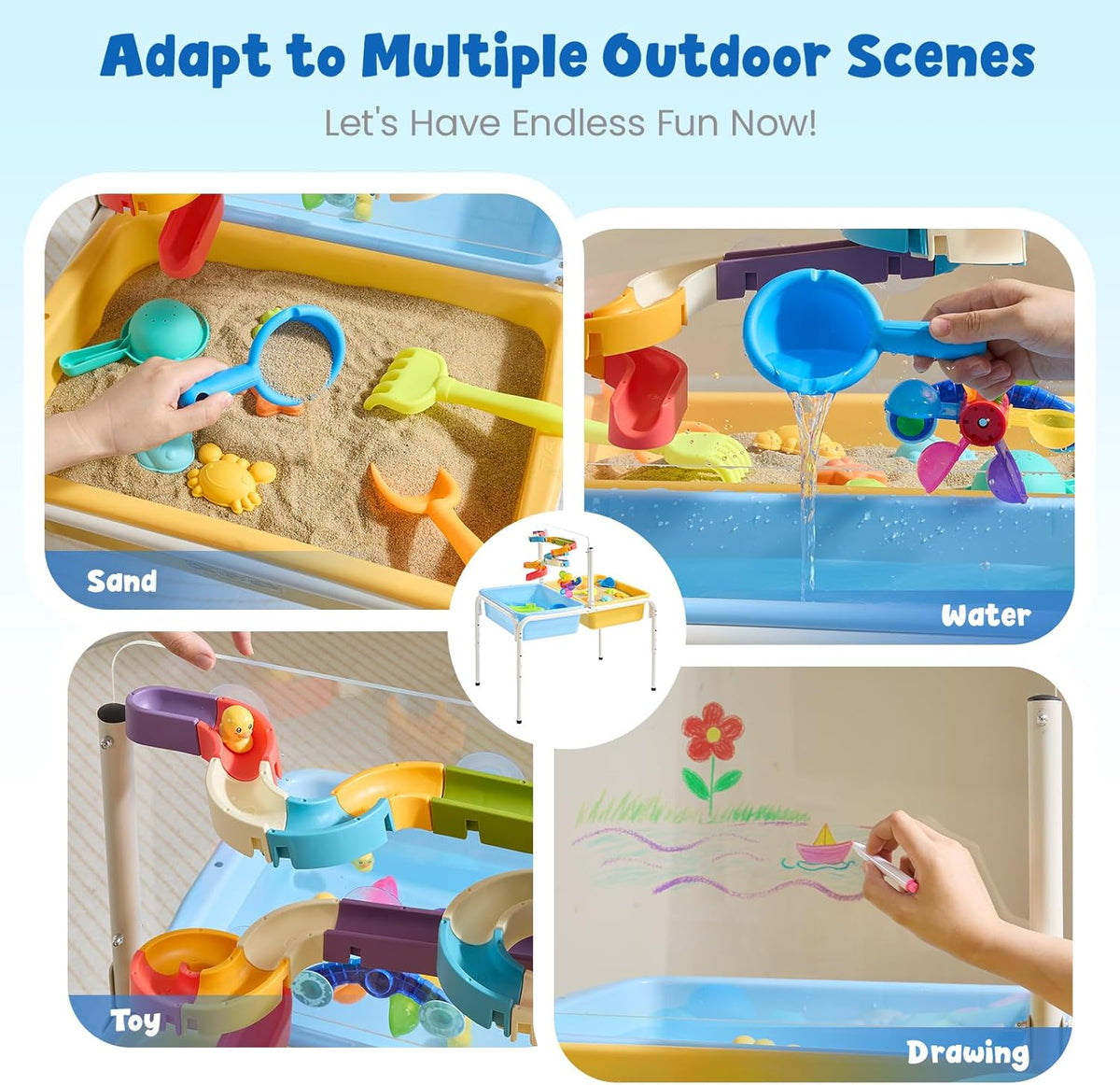 FUNLIO Mesa de agua para niños pequeños, mesa de agua y arena ajustable para niños de 3 a 6 años, mesa sensorial 4 en 1 para niños pequeños con 2 contenedores de almacenamiento, tablero acrílico y 16 piezas de accesorios, juego en interiores y exteriores