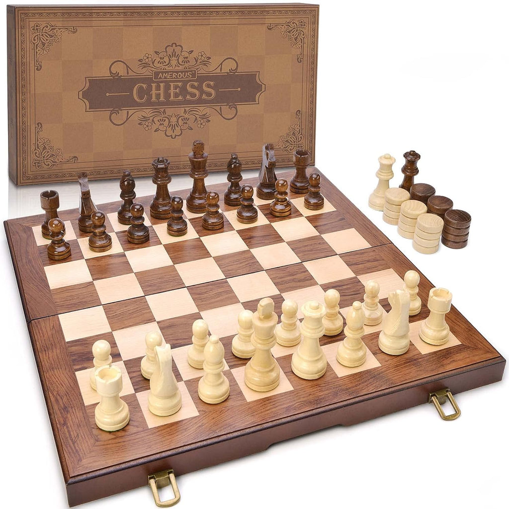 AMEROUS Juego de ajedrez y damas de madera con piezas de ajedrez ponderadas mejoradas, juegos de mesa de ajedrez de 15 pulgadas (2 en 1) para niños, adultos con 2 reinas adicionales/24 piezas de animadores/paquete de regalo