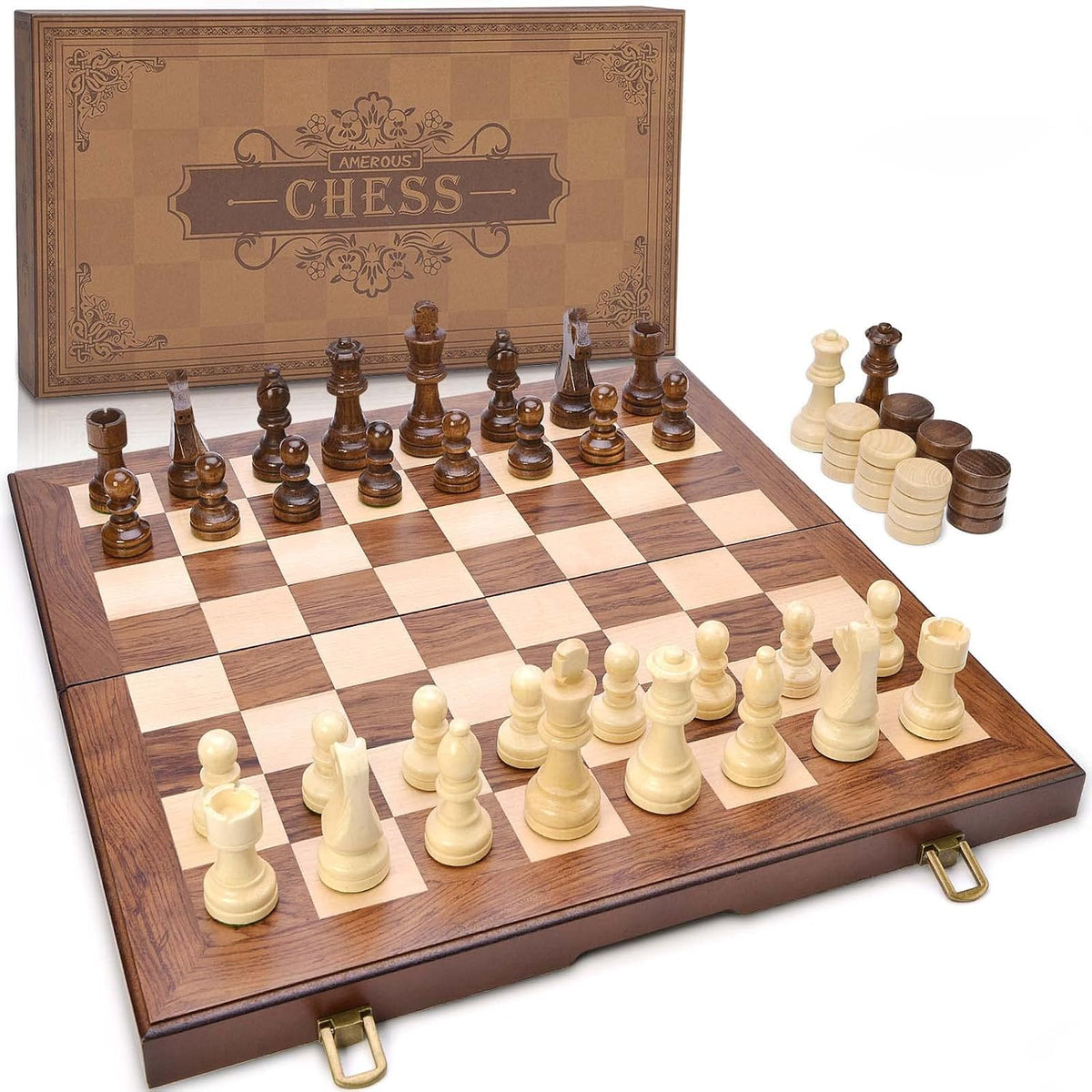 AMEROUS Juego de ajedrez y damas de madera con piezas de ajedrez ponderadas mejoradas, juegos de mesa de ajedrez de 15 pulgadas (2 en 1) para niños, adultos con 2 reinas adicionales/24 piezas de animadores/paquete de regalo