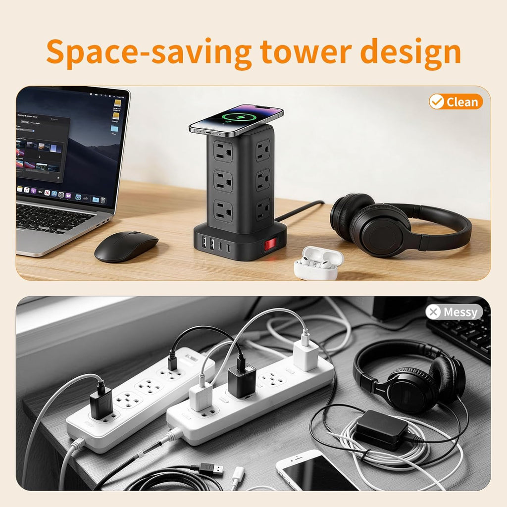 SMALLRT - Cable de extensión con múltiples tomas, torre de regleta de alimentación con protector de sobretensiones, extensor de salida con 12 salidas de CA, 4 USB, cable de extensión de 6.5 pies para