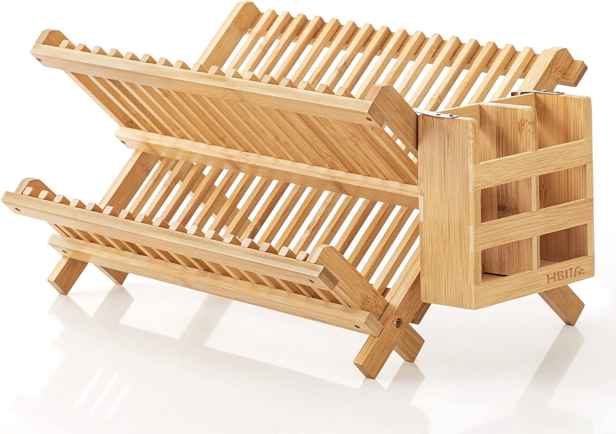 HBlife Escurreplatos de Bambú, Plegable de 2 Niveles, Collapsible, con Soporte para Utensilios de Cocina (Estante para Platos con Soporte para Utensilios)