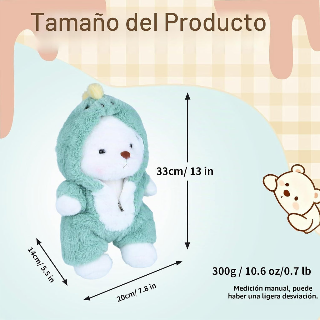 Animal de Peluche Oso Teddy, Juguetes de Peluche Oso Teddy con Capucha Removible Patas Movibles, 13'' Suave Lindo Apoyo Emocional Peluches Rellenos con Ropa de Dinosaurio Regalos para Niñas Niños