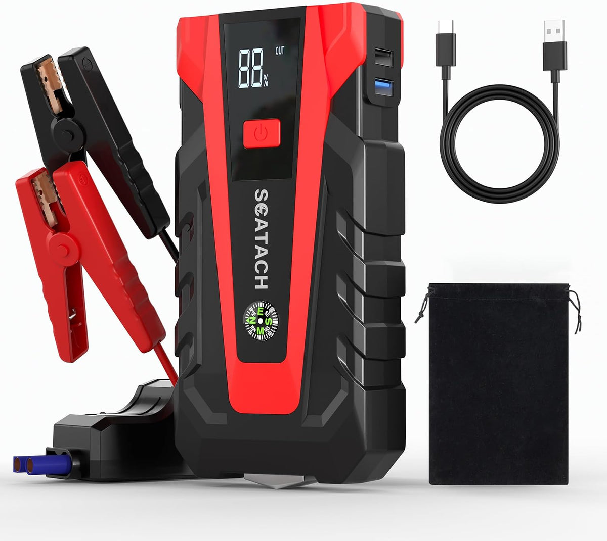 Scatach Arrancador de batería de coche de 3000 A, batería de arranque de 12 V portátil (hasta 9.0 L de gasolina y motor diesel de 7.0 L), caja de salto con 3 modos de linterna y cables de puente