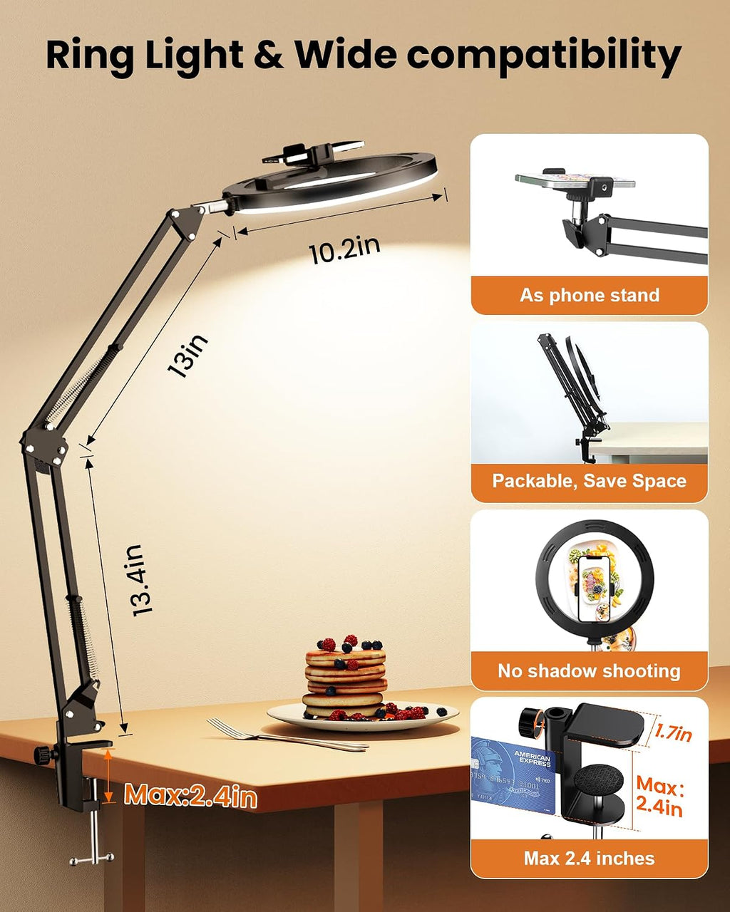 Soporte de Montaje de Teléfono con Cámara Aérea y Anillo de Luz Mejorado para Escritorio, Evershop Luz para Selfie de 10" con Trípode para iPhone, Luz con Soporte para Teléfono para Grabación de Video