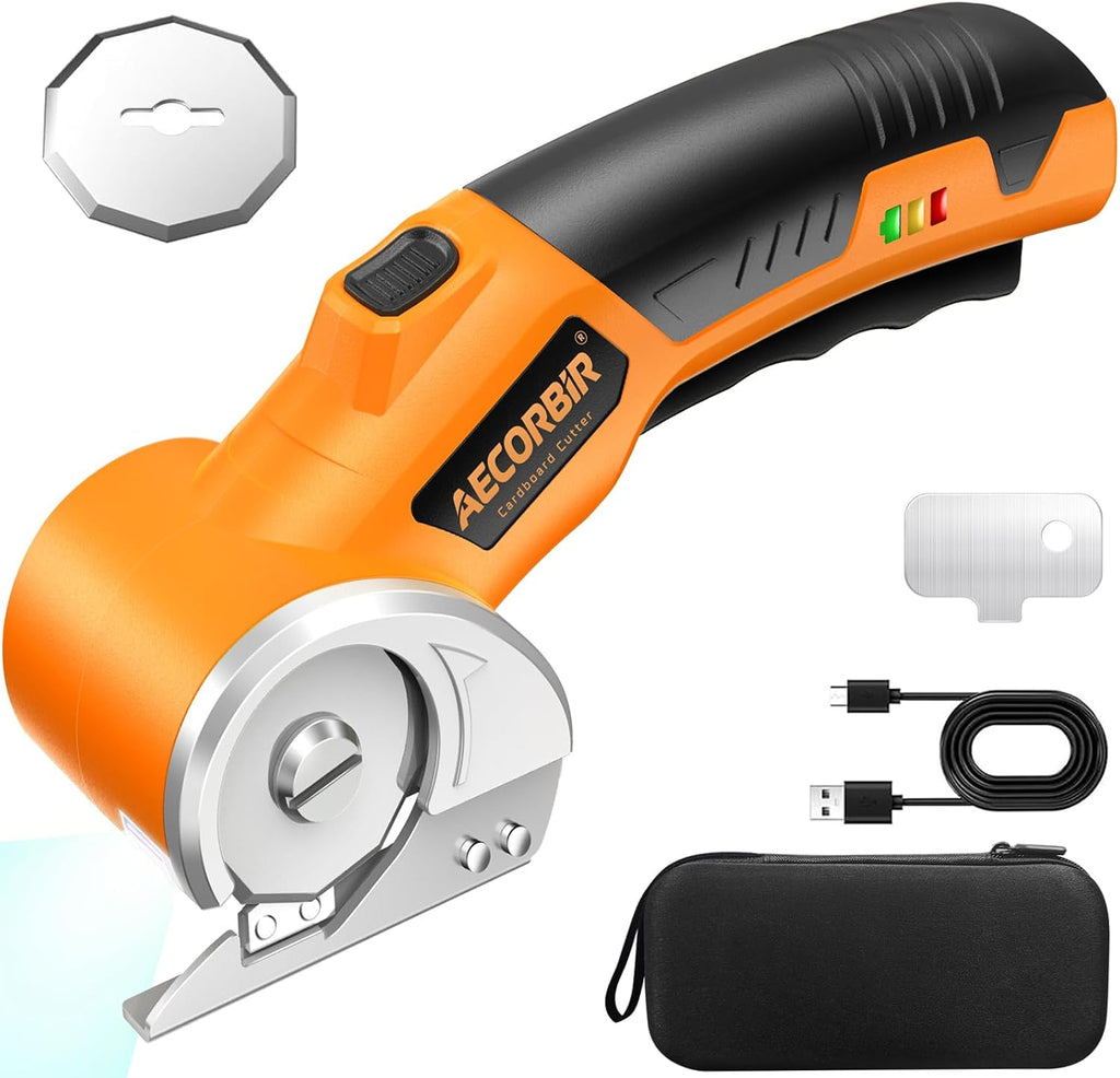 Tijeras eléctricas inalámbricas: cortador de cartón giratorio recargable de 4 V, batería de 3000 mAh, con luz LED y bloqueo de seguridad, 2 cuchillas, cortador de caja eléctrico para tela, alfombra