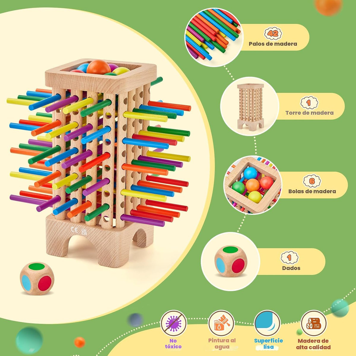 Montessori - Juego de mesa de madera, 42 coloridos palos de madera, juego de dados de matemáticas, juguetes educativos para 3, 4, 5, 6 años, juguetes de habilidades motoras finas y juguete de contar
