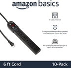 Lámpara Amazon Basics Regleta protectora de sobretensiones, 6 tomas, 790 julios, interruptor de circuito, indicador LED, cable de extensión de 6 pies, negro, paquete de 10