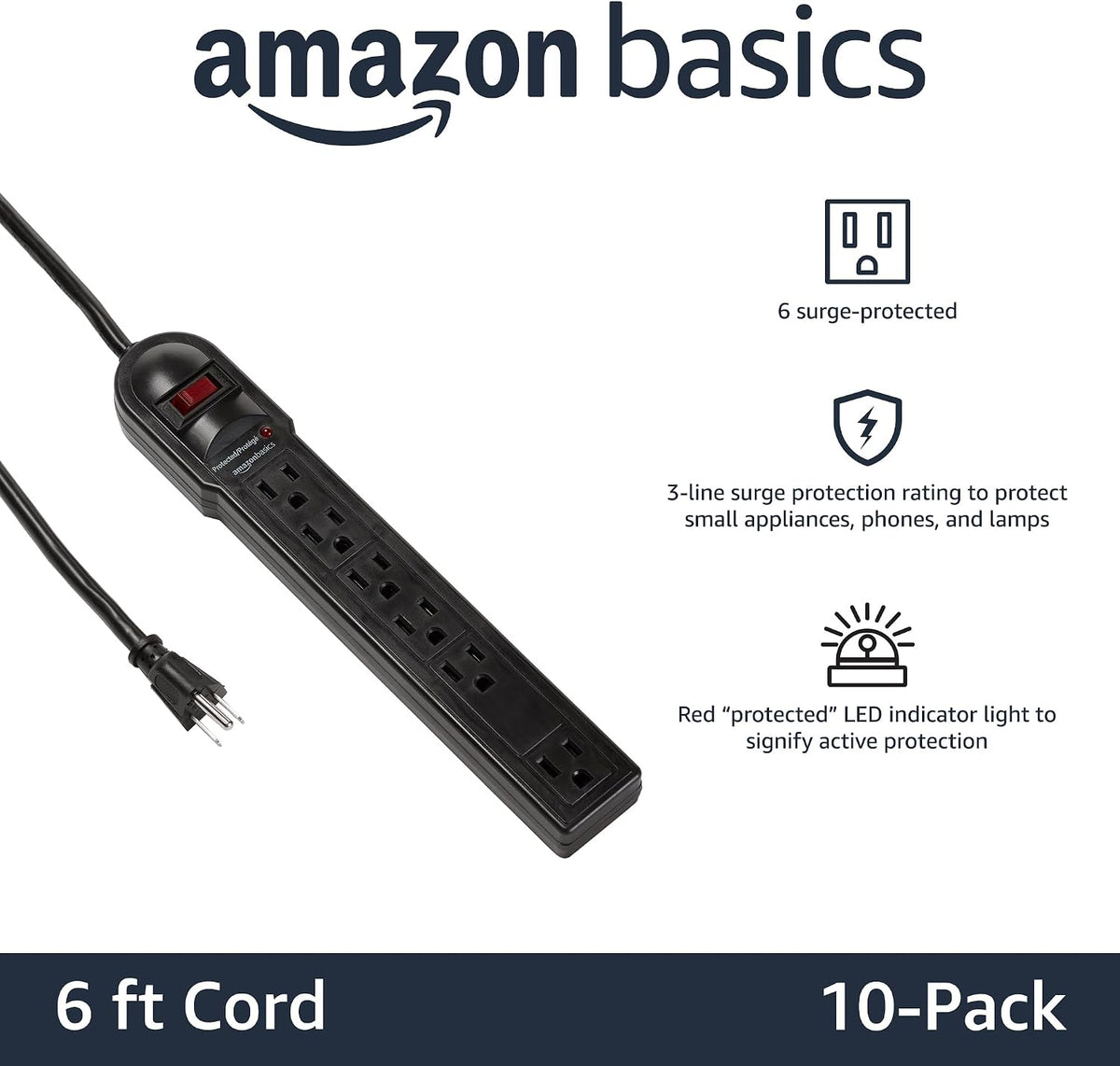 Lámpara Amazon Basics Regleta protectora de sobretensiones, 6 tomas, 790 julios, interruptor de circuito, indicador LED, cable de extensión de 6 pies, negro, paquete de 10