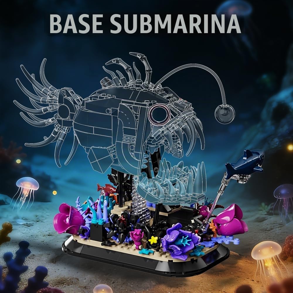 Lámpara Juego de construcción de peces mecánicos, 1010 piezas, modelos de bloques de monstruos de mar profundo con base de coral, juguetes de construcción de animales oceánicos steampunk, adecuado para niños