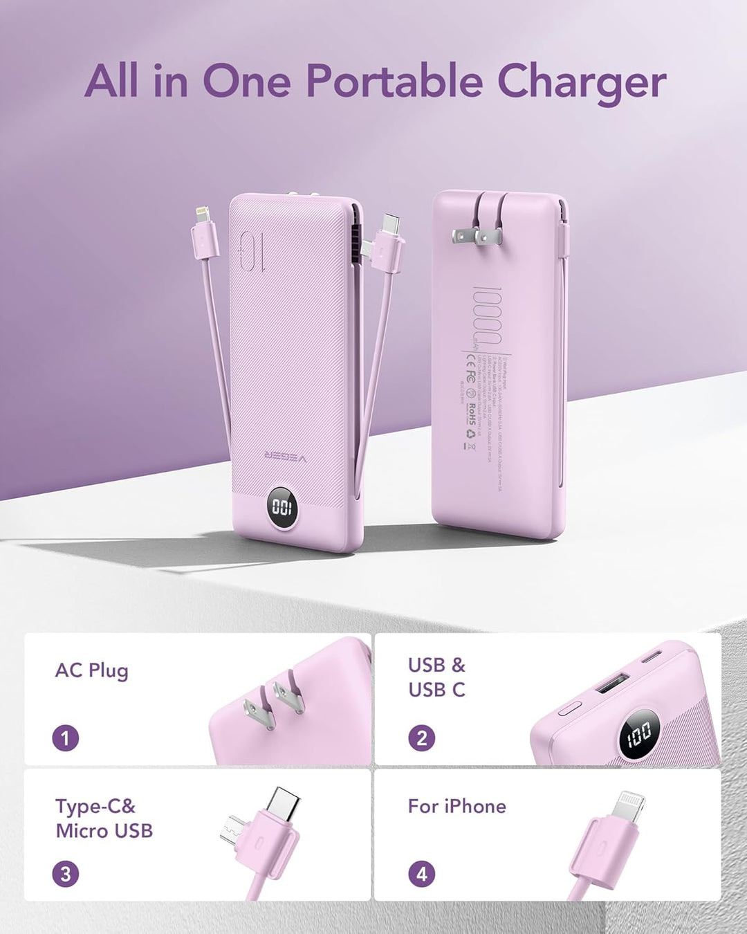 VEGER - Cargador portátil de iPhone, cables integrados de carga ráp...