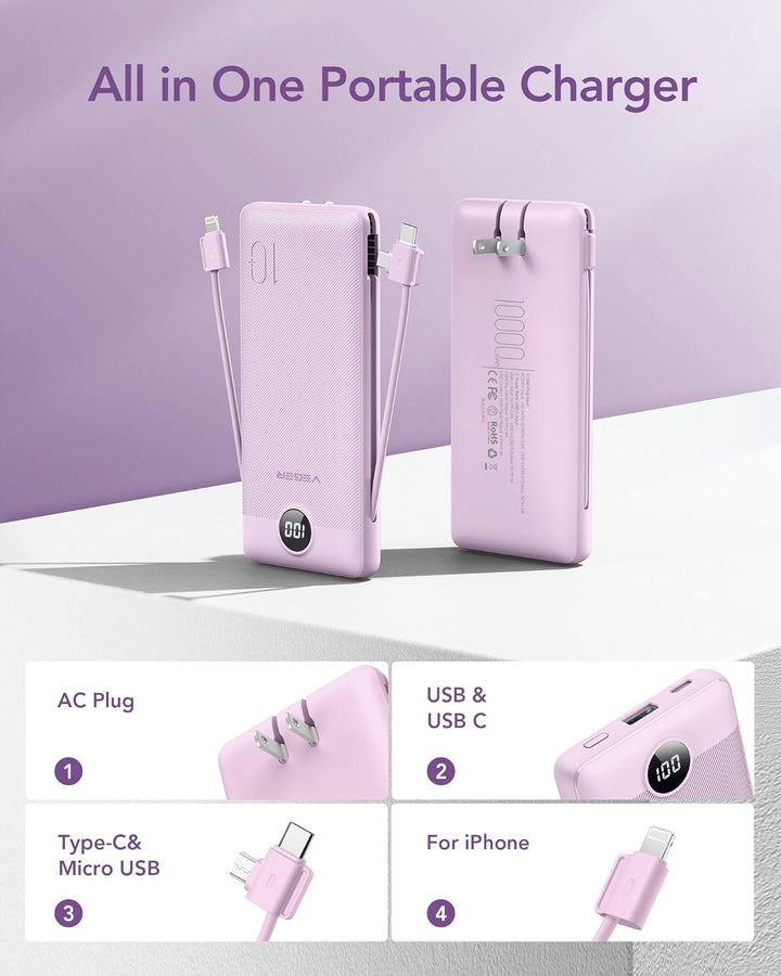 VEGER - Cargador portátil de iPhone, cables integrados de carga ráp...