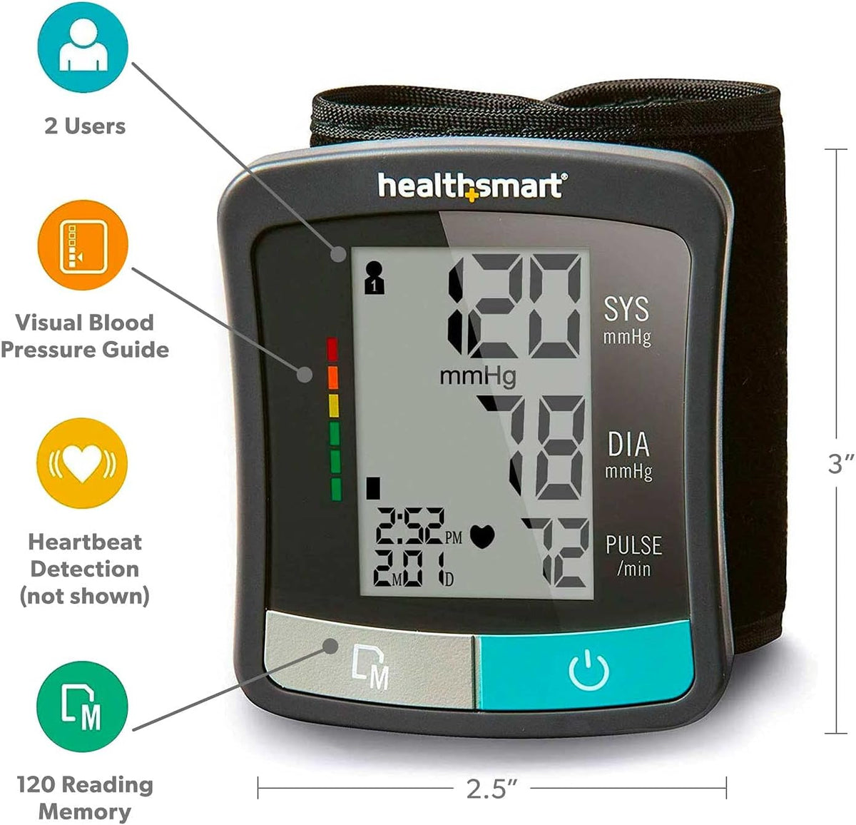 HealthSmart Monitor de presión arterial estándar digital con brazalete superior automático que muestra la frecuencia del pulso y los latidos cardíacos irregulares, almacena hasta 120 lecturas para 2