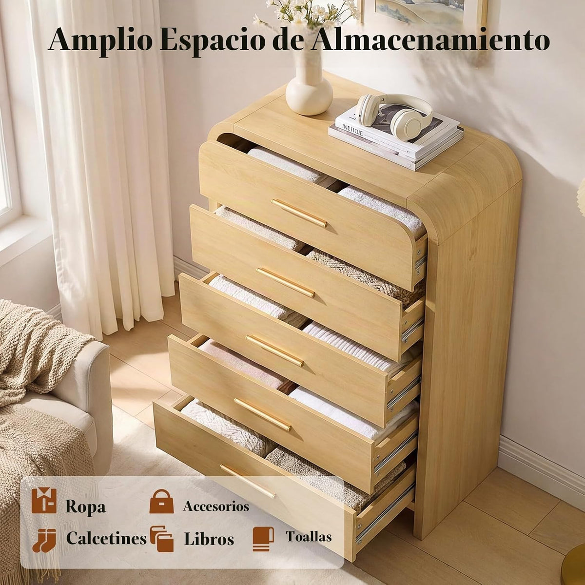Cómoda curvada de 5 cajones para dormitorio, cómoda de 31 pulgadas de ancho, armario de almacenamiento moderno para pasillo y sala de estar, soporte de TV, certificado FSC de 1.18 pulgadas de