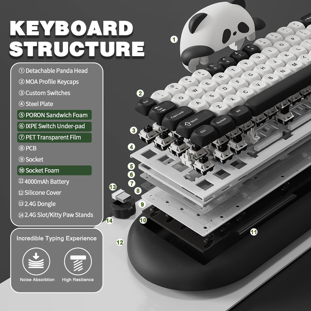 YUNZII C68 Panda Teclado Mecánico Gaming Inalámbrico, Diseño Compac...