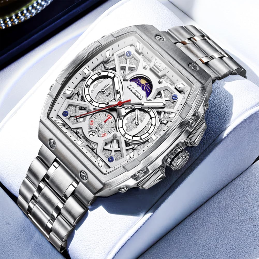 OLEVS Reloj para Hombres Analógico Cuarzo Lujo Diamante Resistente al Agua Cronógrafo Acero Inoxidable Carita Grande Cuadrado Fecha Fase Lunar Romano Relojes de Vestir para Hombres