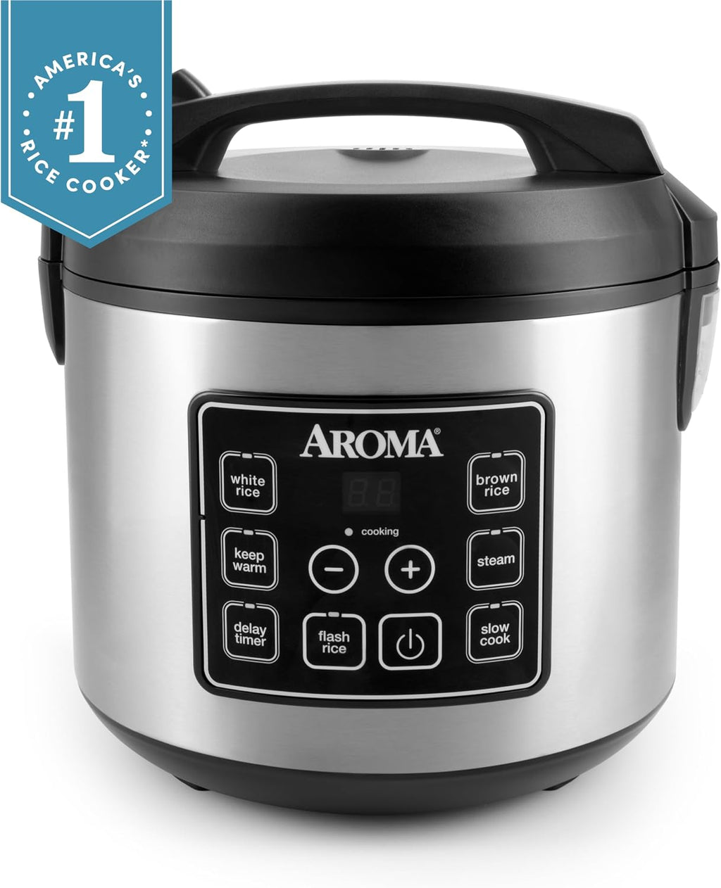 Aroma Housewares olla arrocera digital de 20 tazas (cocidas) (10 tazas sin cocer), olla de cocción lenta, vaporera de alimentos, exterior de acero inoxidable (ARC-150SB), negro