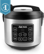 Aroma Housewares olla arrocera digital de 20 tazas (cocidas) (10 tazas sin cocer), olla de cocción lenta, vaporera de alimentos, exterior de acero inoxidable (ARC-150SB), negro