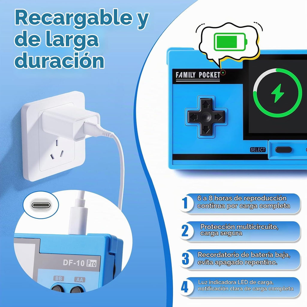 Juego de mano para niños, 10 juegos clásicos retro precargados, pantalla IPS de 3.0 pulgadas, dispositivo de juego portátil, reproductor de videojuegos recargable, mini juguete electrónico de viaje de