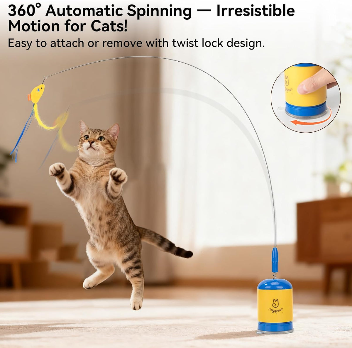 Migipaws Juguete automático interactivo para gatos con ventosa fuerte, alambre flexible de 27.6 in y diseño de doblez de bricolaje, juguete de ejercicio recargable para gatos con temporizador automático para gatos de interior (azul)