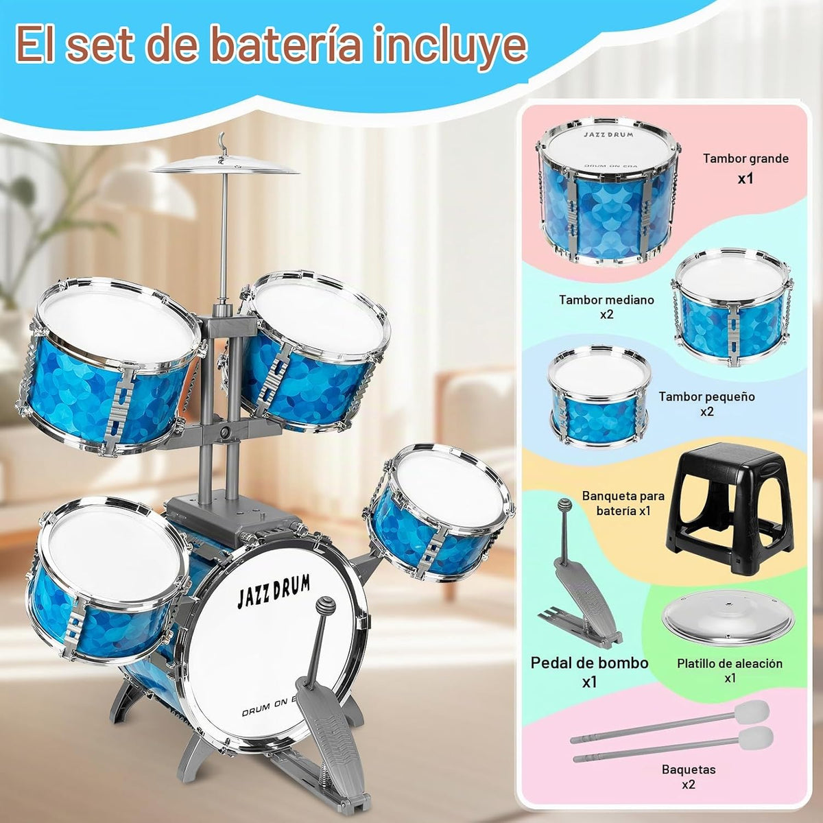Juego de batería para niños de 5 piezas para niños pequeños de 3 a 5 años, juego de batería para niños pequeños de 5 a 7 años, juguetes de instrumentos musicales, juguetes de percusión, cumpleaños para niños de 3, 4, 5, 6, 7, 8 años, niños y niñas