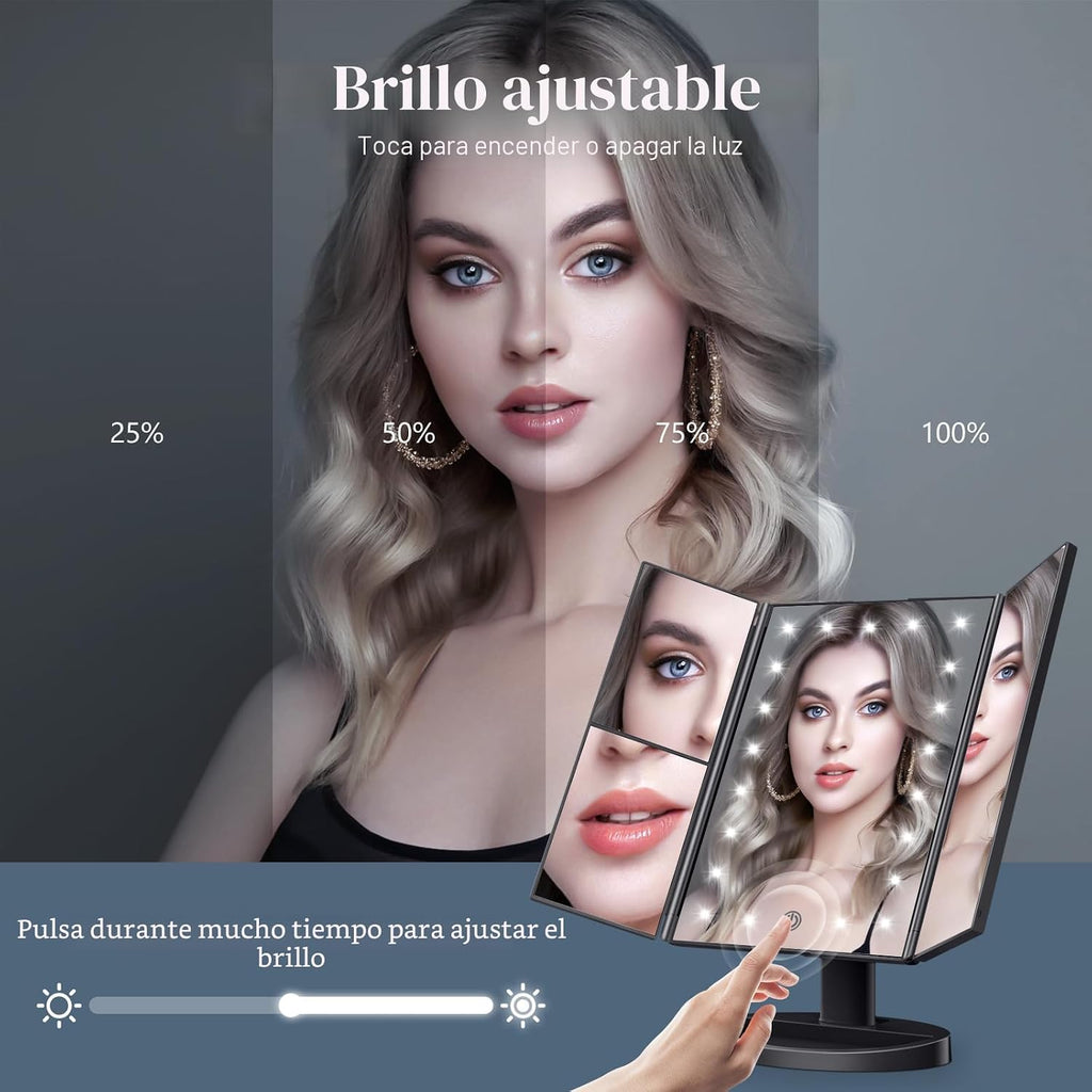 Espejo de tocador con aumento 2X/3X/10X con iluminación, espejo de maquillaje plegable trifold