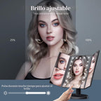 Espejo de tocador con aumento 2X/3X/10X con iluminación, espejo de maquillaje plegable trifold
