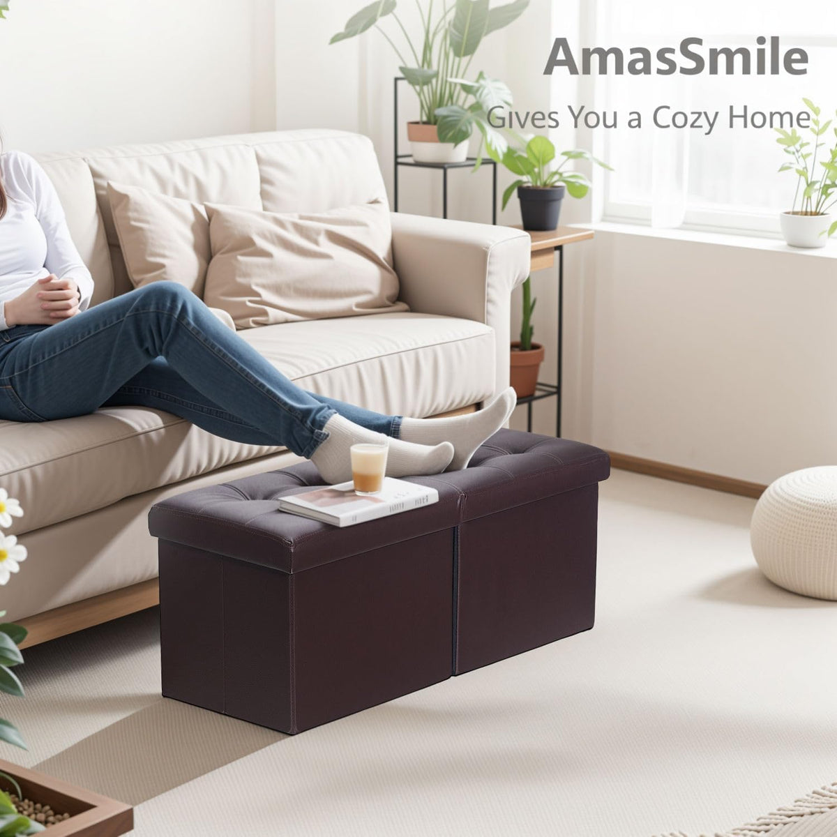 AmasSmile Banco de almacenamiento otomano reposapiés, pecho plegable de