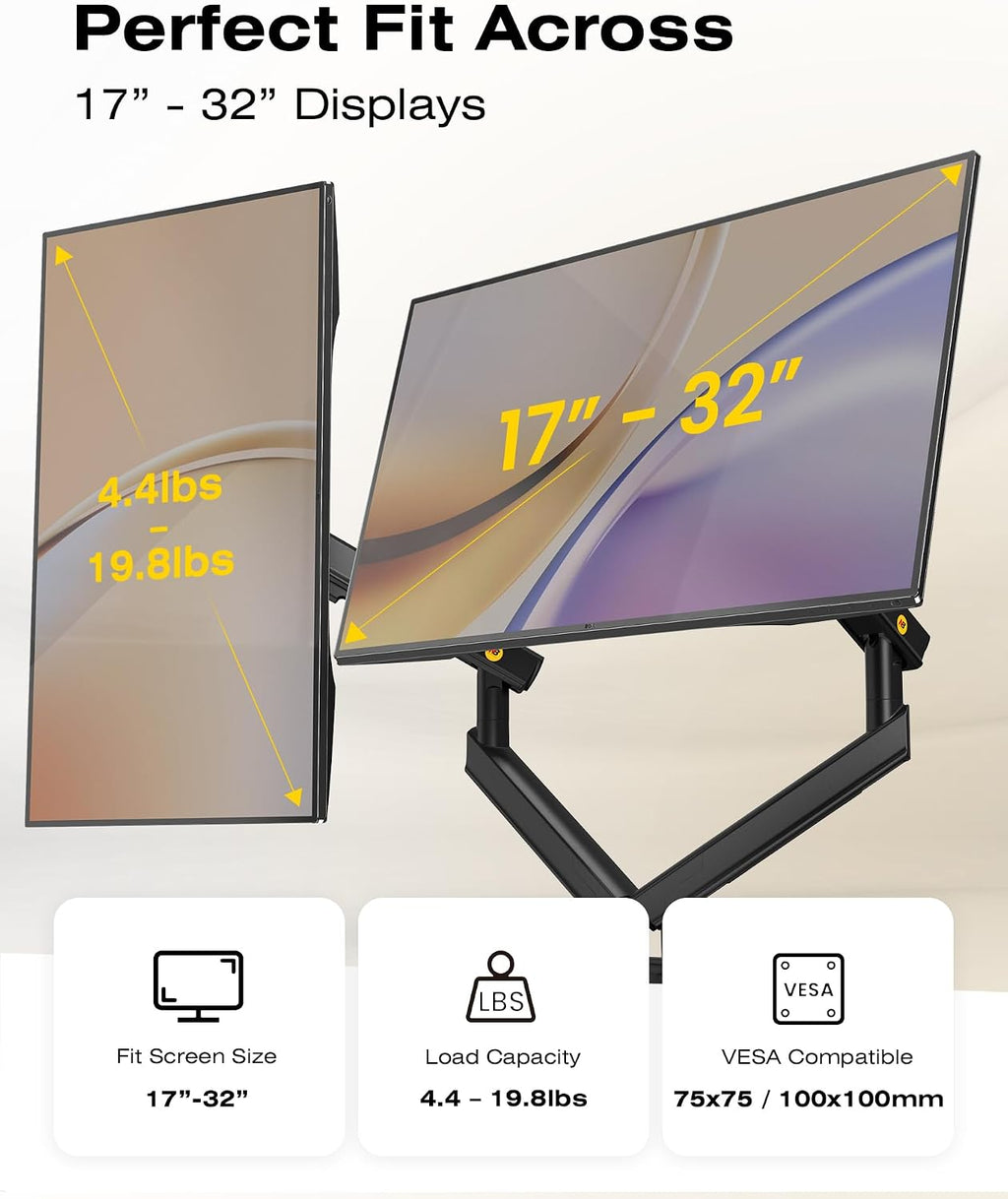 NB SmooVex™ - Soporte para monitor doble, soporte para monitor dual para hasta 32 pulgadas, brazo de monitor de resorte mecánico, VESA 75/3.937 in, modelo-A5C (negro)