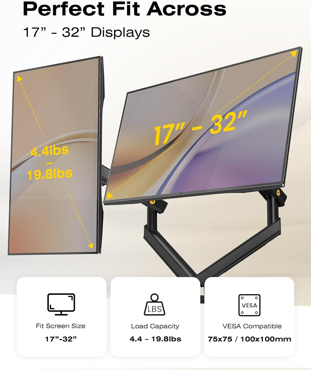 NB SmooVex™ - Soporte para monitor doble, soporte para monitor dual para hasta 32 pulgadas, brazo de monitor de resorte mecánico, VESA 75/3.937 in, modelo-A5C (negro)