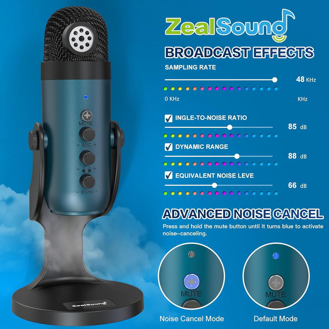 ZealSound Micrófono de podcast para PC, micrófono USB con cancelaci...