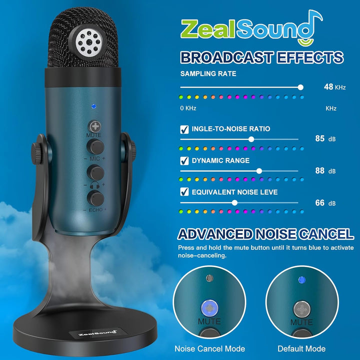ZealSound Micrófono de podcast para PC, micrófono USB con cancelaci...