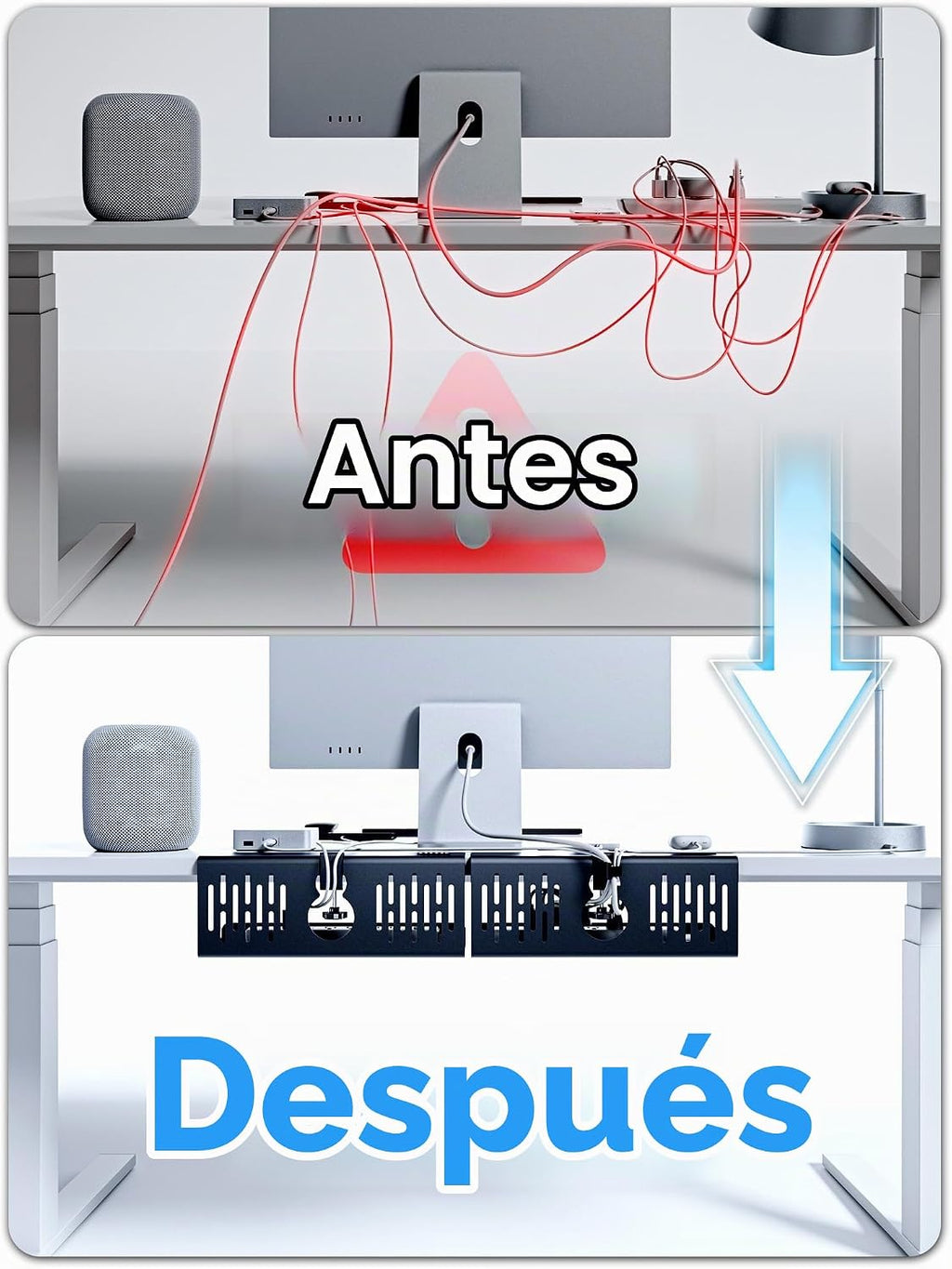 Bandeja de gestión de cables para debajo del escritorio sin perforación, gestión de cables de 14'', abrazadera sin perforaciones, bandeja de cables de metal, organizador de cables debajo del