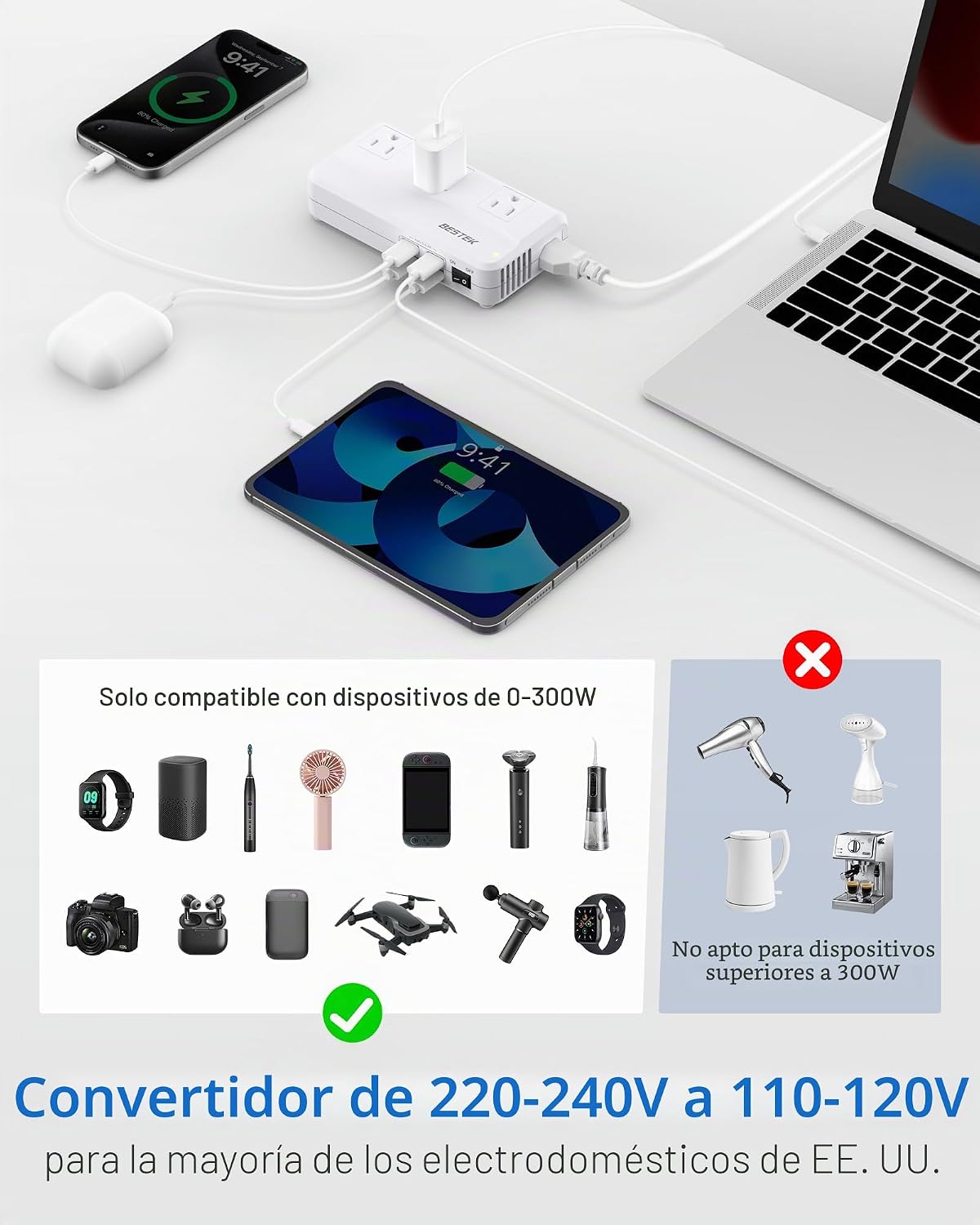 BESTEK Convertidor de 220V a 110V, convertidor de voltaje de 300W de EE. UU