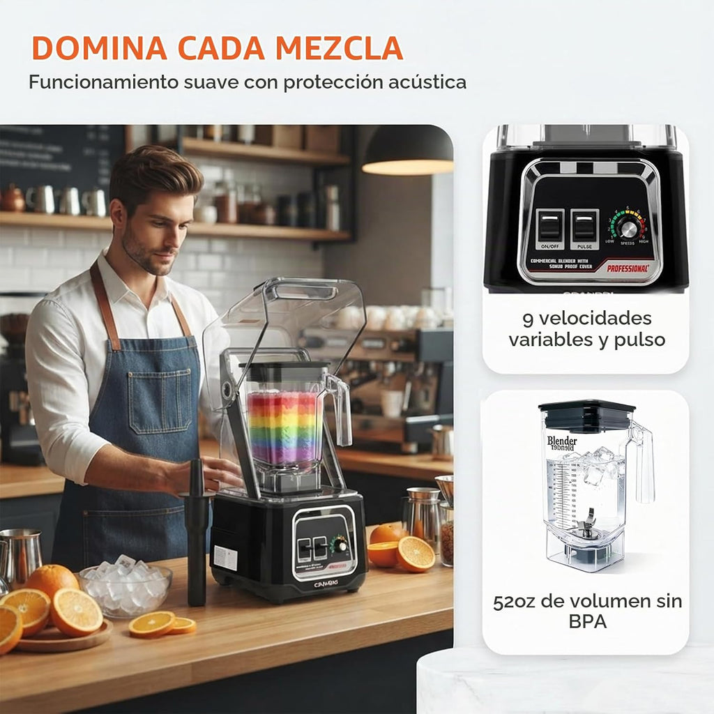Licuadora comercial, licuadoras de encimera de 2200 W con escudo extraíble, licuadora silenciosa para batidos y trituración de hielo, licuadoras profesionales de 52 onzas, 38000 RPM para cocina, K80 (negro)