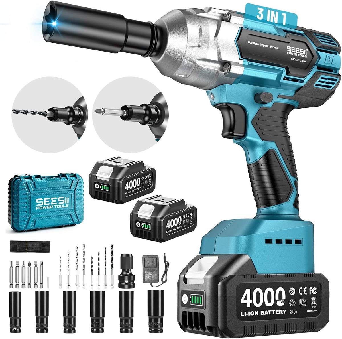 Seesii WH6 Lite - Llave de impacto inalámbrica de 1/2 pulgada, alto par de torsión de 479 pies (650 Nm), pistola de impacto sin escobillas, 2500 RPM con batería 2 x 4.0, 6 enchufes, 8 brocas