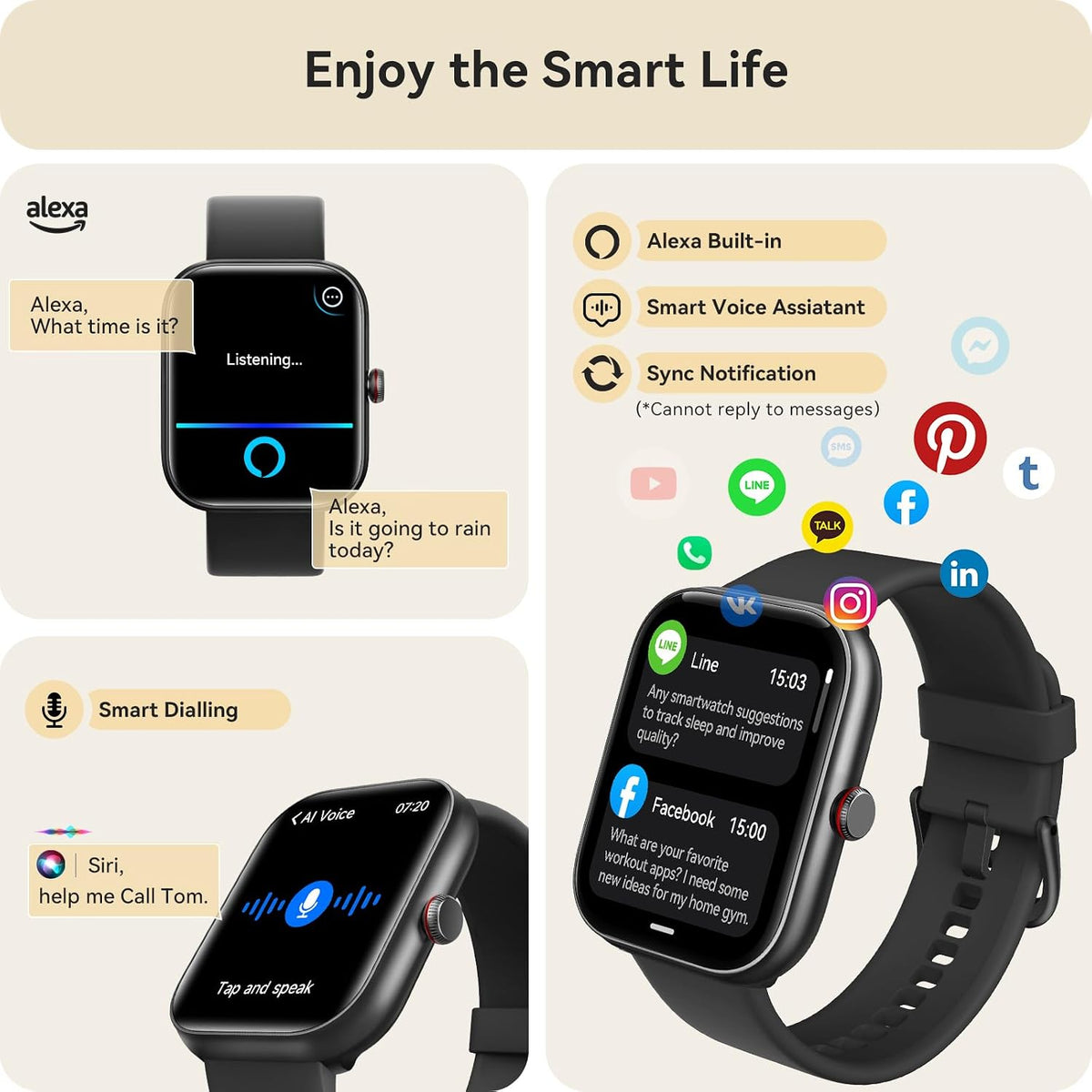 Reloj inteligente para mujeres y hombres, reloj inteligente para iPhone y Android Bluetooth (respuesta/llamada) Alexa integrado, rastreador de fitness HD de 1.91 pulgadas con más de 105 modos