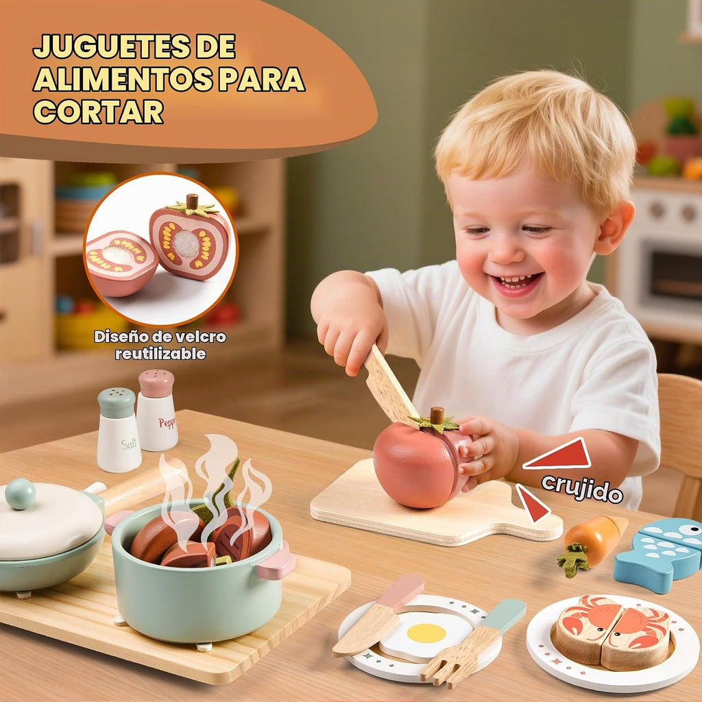 Accesorios de cocina de juguete de madera, juegos de ollas y sartenes de simulación para juego de cocina de niños con estufa de juguete, juegos de cocina para niños pequeños, juguetes de alimentos